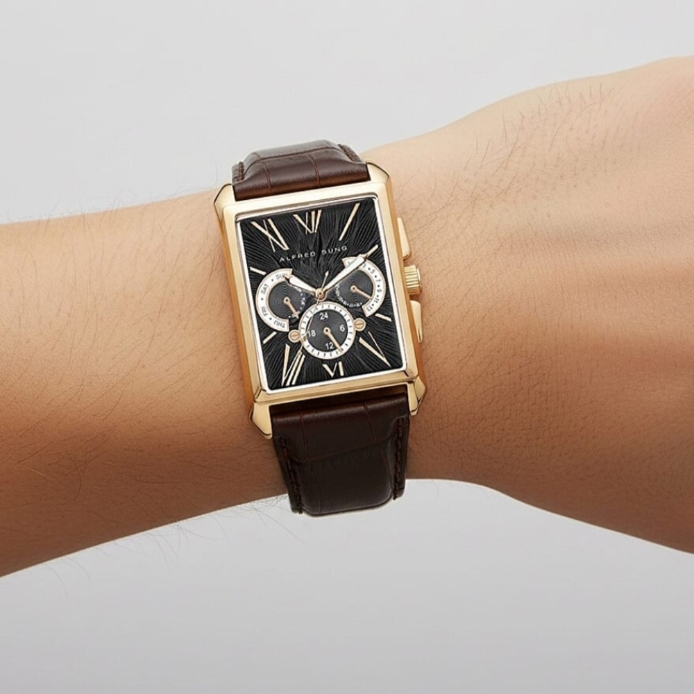 Alfred Sung ION Plated Rose Gold Japanese Movement Watch with Brown Gen - Picture 3 of 7